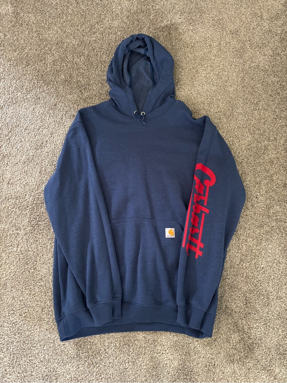 Carhartt Navy Hoodie with Red Sleeve Script Logo
